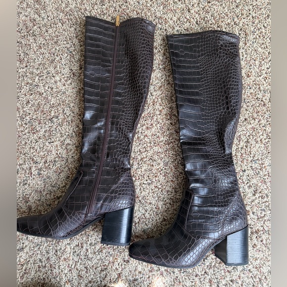 Franco Sarto Dark Brown Croc-Embossed Knee High Boots - Picture 3 of 5